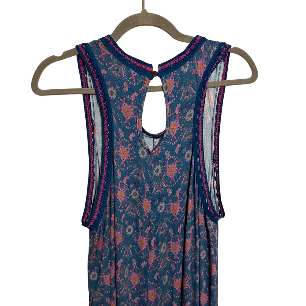 Natural Life Blue Floral Crochet Trim Wide Leg Jumpsuit Medium Boho Lounge - Picture 4 of 8